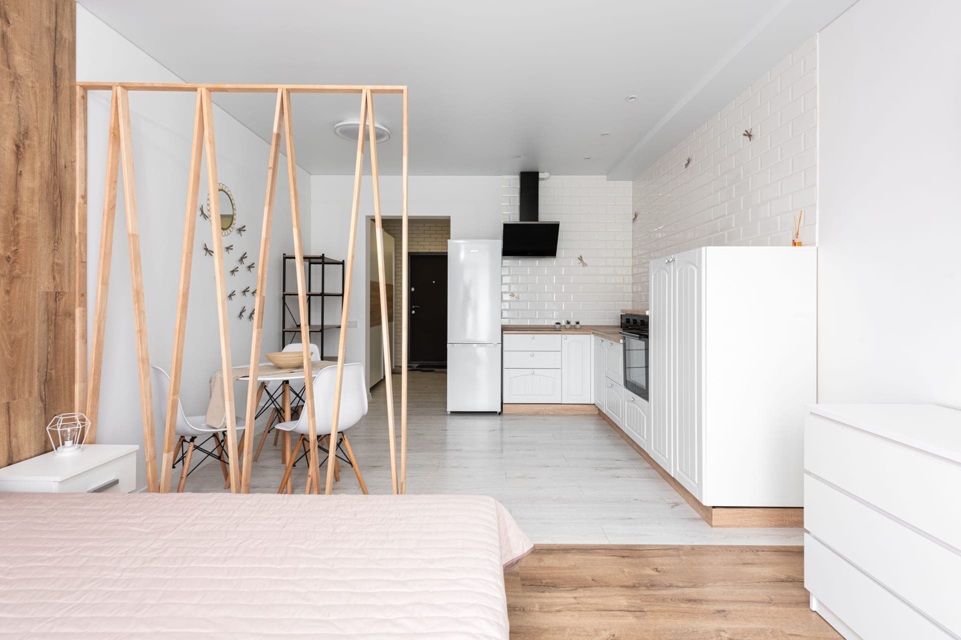 A compact modern studio apartment in daylight