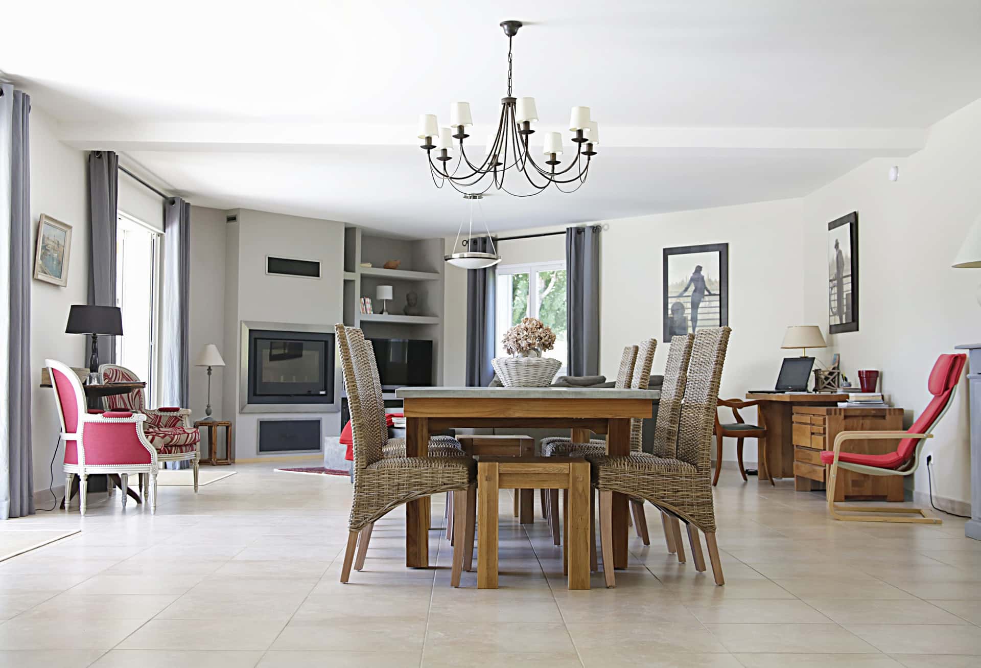 A tidy living room with winter light across the floor