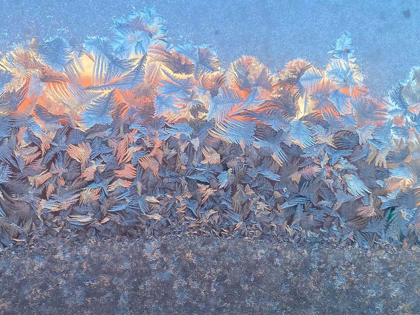 A frosted window pane on a cold morning
